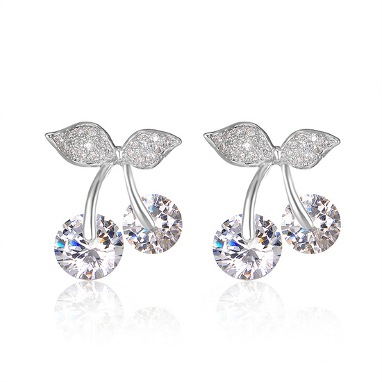 White Gold Plated Simulated Diamond CZ Cherries with Crystal Pave Leaf Stud Earrings
