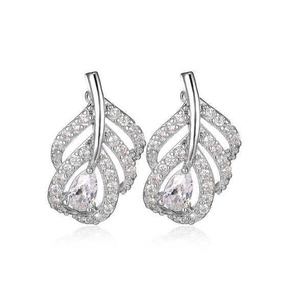 White Goldplated Crystal Pavê Feather with Clear Teardrop CZ