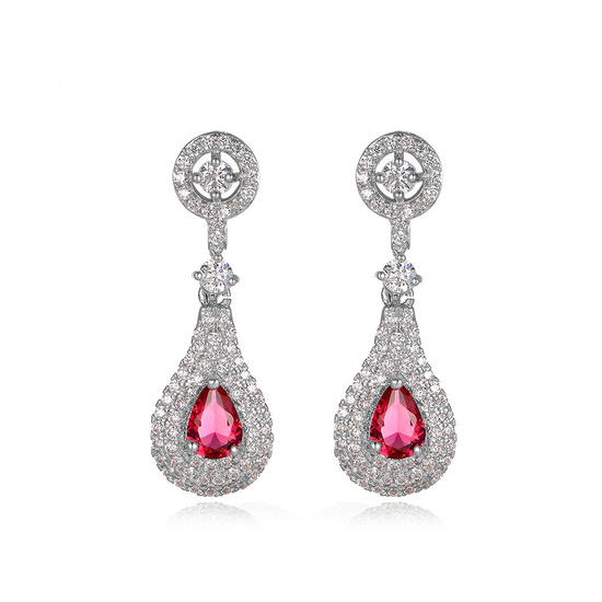 White Gold Plated Pink CZ Crystal Pave Pear Shape...