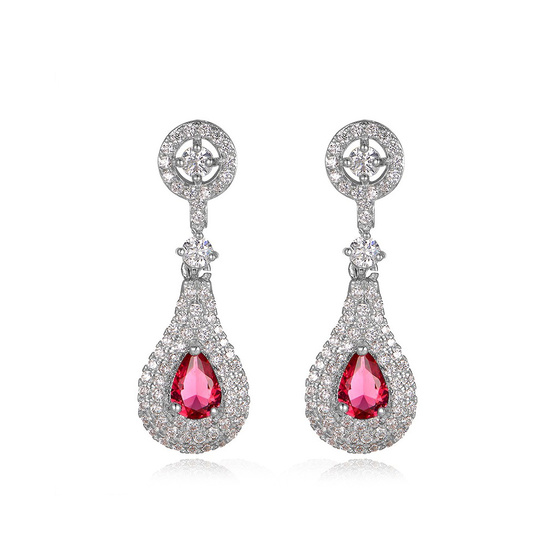 White Gold Plated Pink CZ Crystal Pave Pear Shape Drop Stud Earrings