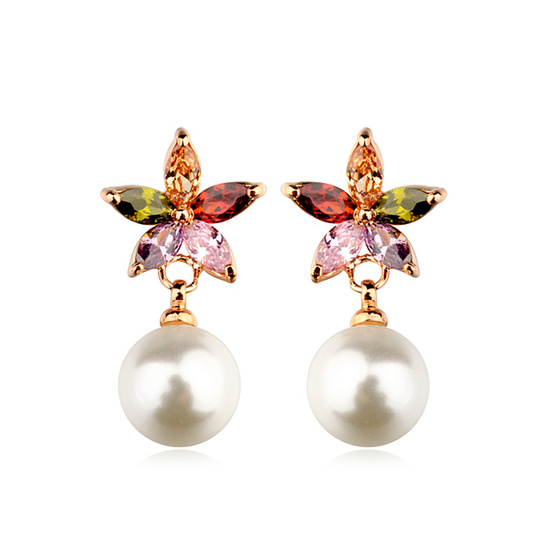 Rose Gold Plated White Simulated Pearl and Multicoloured CZ Flower