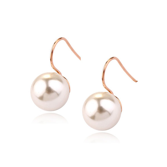 Rose Gold Plated White Round Simulated Pearl Drop Earrings