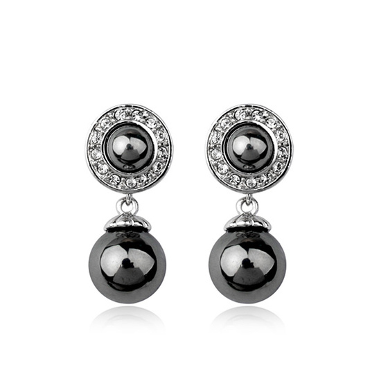 White Gold-plated Dark Gray Simulated Pearl with Crystal 