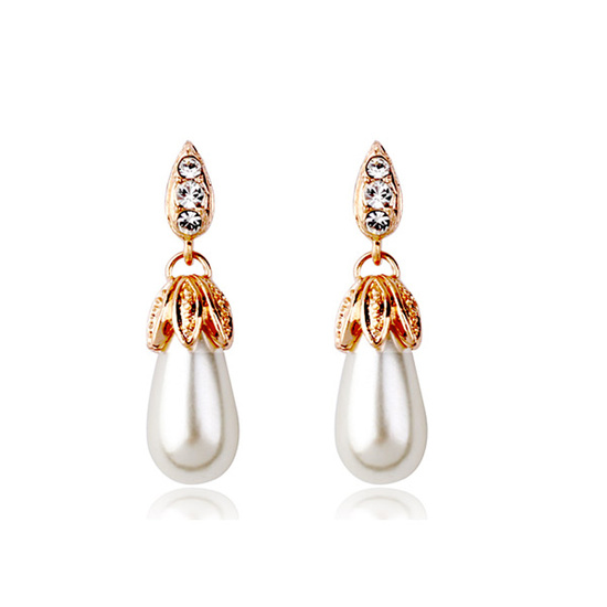 Rose Gold Plated Teardrop Simulated Pearl with Leaf and Crystal Stud Drop Earrings