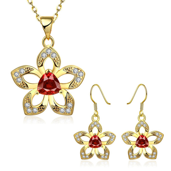 18ct gold plated red cubic zirconia flower earrings and necklace jewellery set
