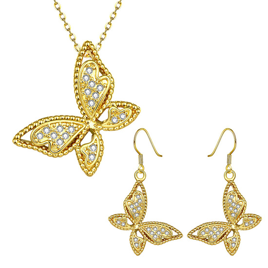 18ct gold plated with cubic zirconia butterfly earrings and necklace jewellery set
