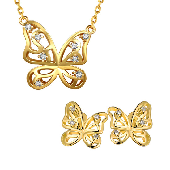 18ct gold plated with cubic zirconia butterfly earrings and necklace jewellery set