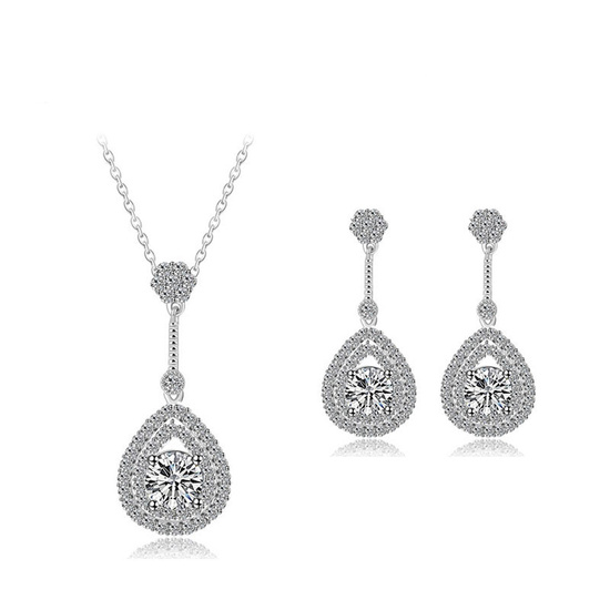 White Gold Plated Solitaire Cubic Zirconia with Teardrop Crystal Pave Stud Drop Earrings and Pendant Necklace Jewellery Set