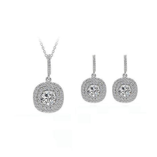 White Gold Plated Solitaire Cubic Zirconia with Square Crystal Pave Stud Drop Earrings and Pendant Necklace Jewellery Set