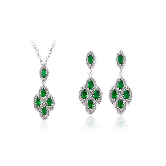 White Gold Plated Simulated Emerald Marquise Shaped Cubic Zirconia Crystal Stud Drop Earrings and Necklace Jewellery Set