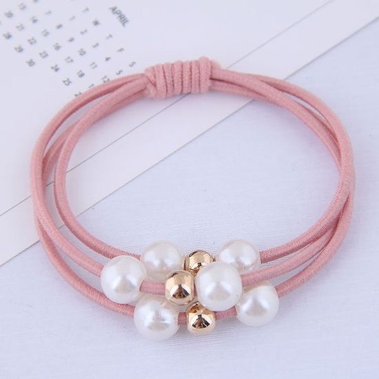 Pink 3-Strand with Gold Tone Beads and Faux Pearls Hair Bobble