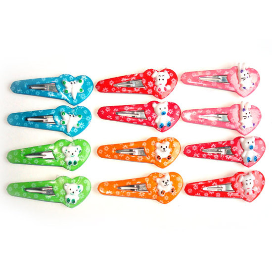 6 pairs of multi-coloured heart hair grips