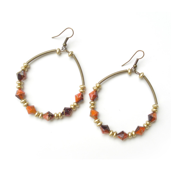Coral red bicone plastic beads hoop earrings