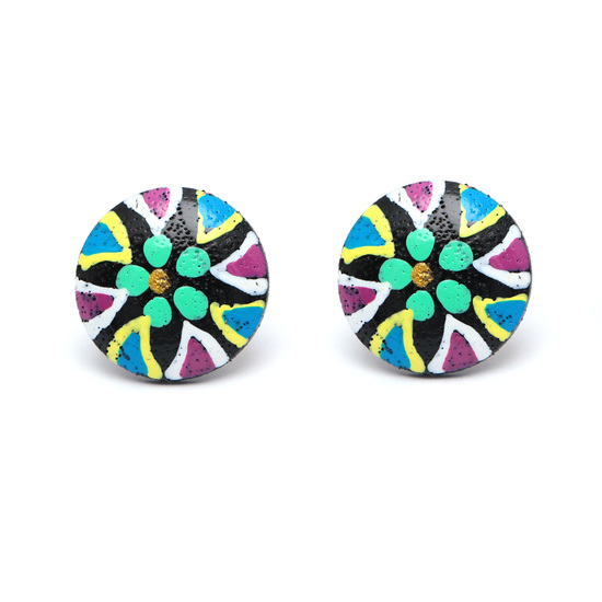 Round hand painted black and green flower wooden stud earrings with plastic posts