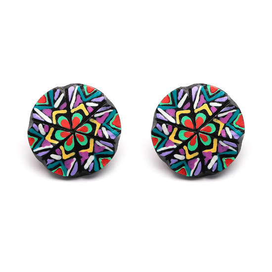 Hand painted vivid flower button coconut shell stud earrings with plastic posts