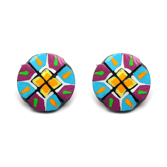 Hand painted vivid yellow square button coconut shell stud earrings with plastic posts