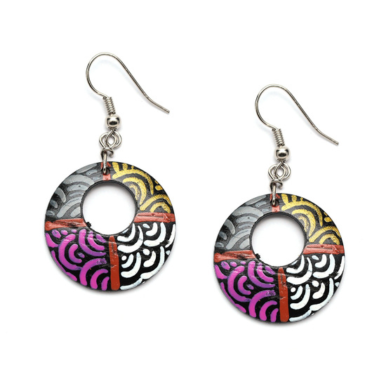 Handpainted exotic swirls coconut shell open hoop drop earrings