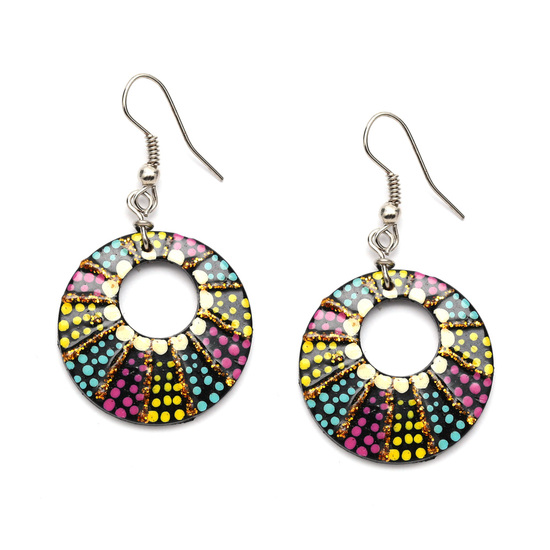 Handpainted dots and glitter coconut shell open hoop drop earrings