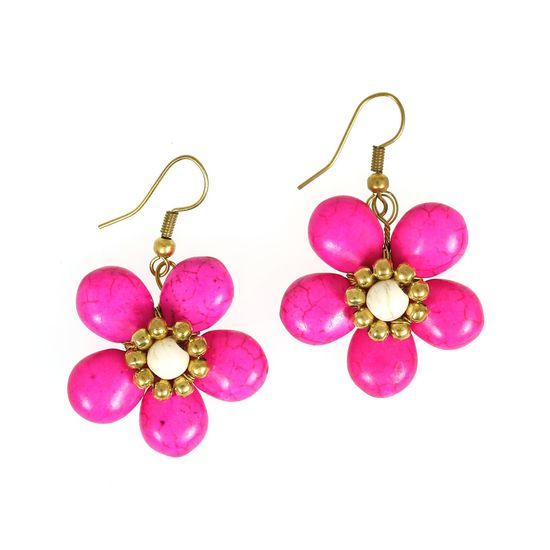 Handmade Fuchsia Stone Flower with Bead Drop Earrings