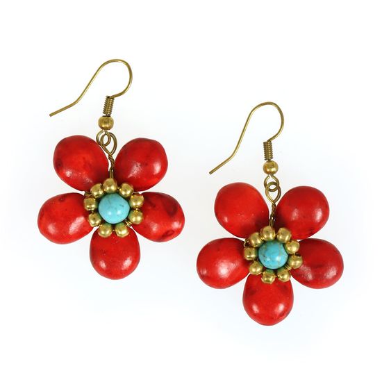 Handmade Red Stone Flower with Bead Drop Earrings