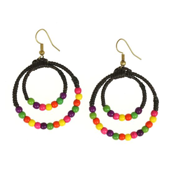 Multicoloured Bead Double Hoop Wax Cord Drop Earrings