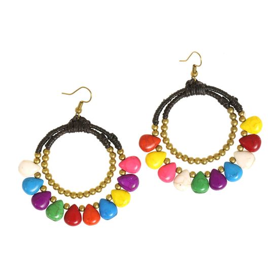 Multicoloured Pear-shaped Bead Double Hoop Wax Cord Drop Earrings