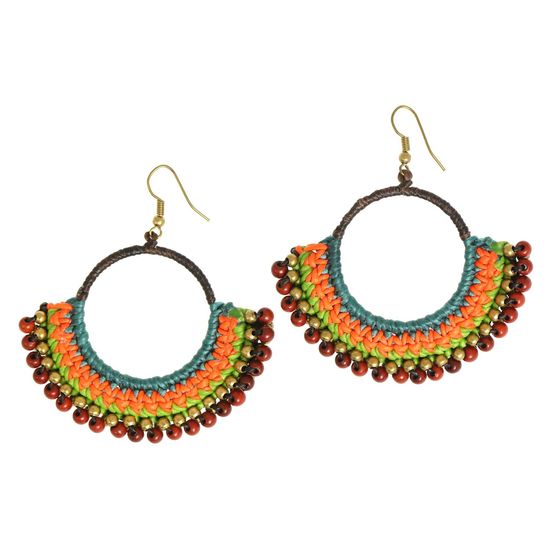 Green & Orange Wax Cord Hoop with Brown Bead Drop...