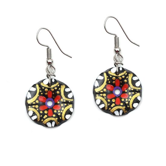 Red Flower With Golden Dots Coconut Shell Drop Earrings