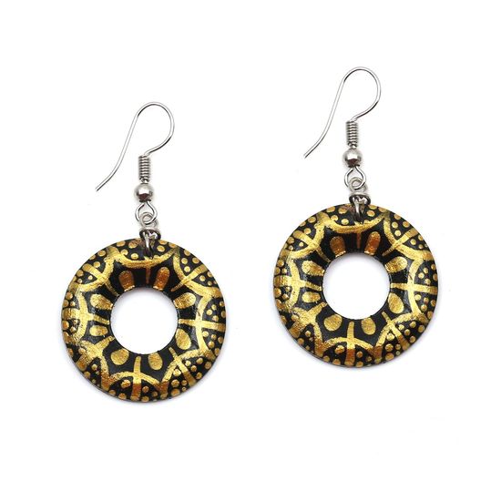 Black and Golden Flower Coconut Shell Hoop Drop...