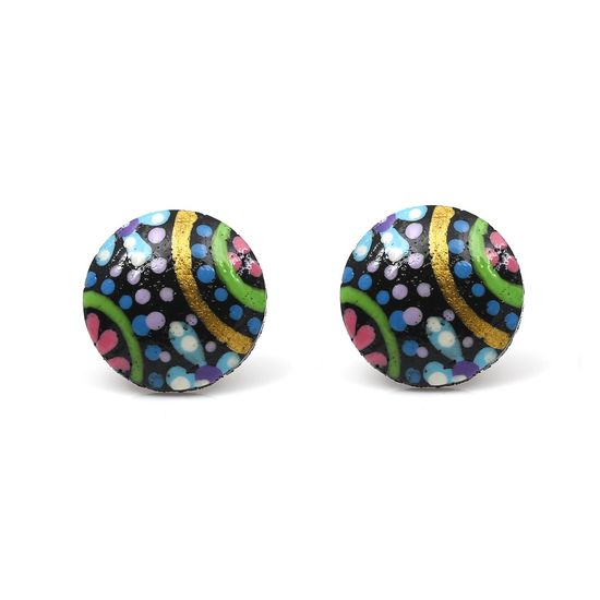 Blue Flower Spotty Wooden Button Stud Earrings...