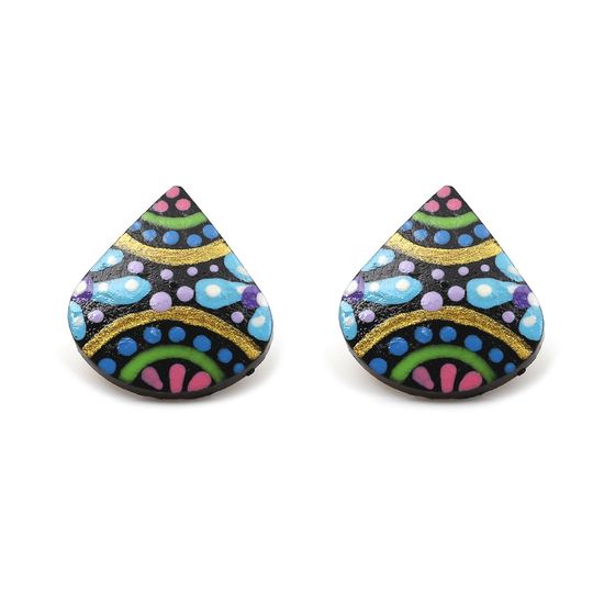 Blue Flower Spotty Coconut Shell Teardrop Stud Earrings with Plastic Posts