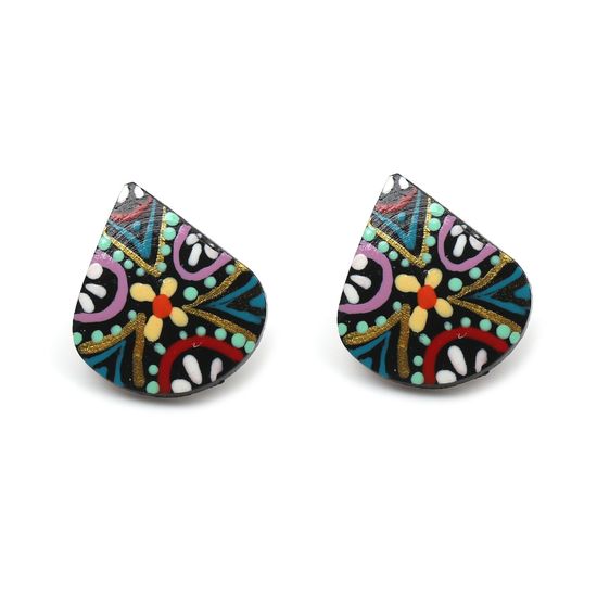 Lively Wild Flowers Coconut Shell Teardrop Stud...