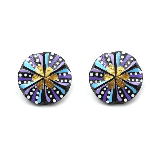 Golden Flower with Blue and Purple Stripes Coconut Shell Stud Earrings with Plastic Posts