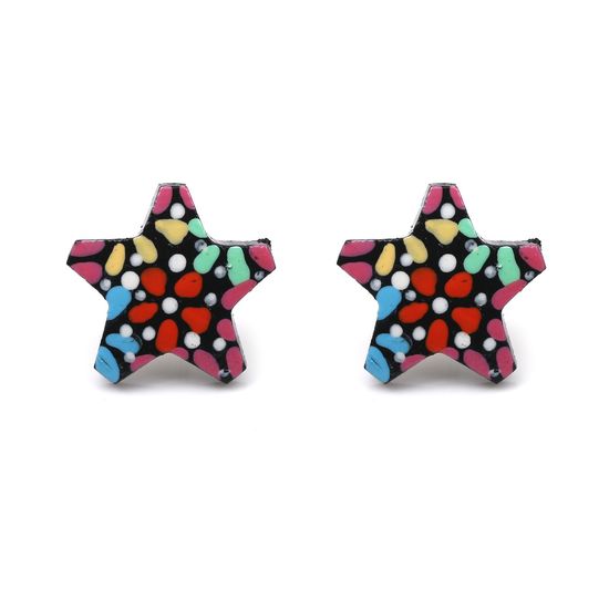 Vibrant Flower and White Dots Coconut Shell Star Stud Earrings with Plastic Posts