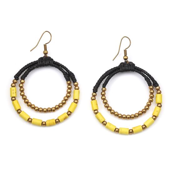 Double Wax Cord Hoop with Yellow and Golden Beads...