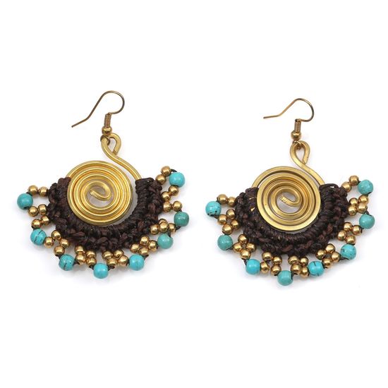 Gold Tone Spiral with Turquoise Bead Wax Cord Drop Earrings
