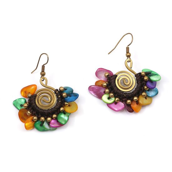 Gold Tone Spiral with Colourful Shell Chips Wax Cord Drop Earrings