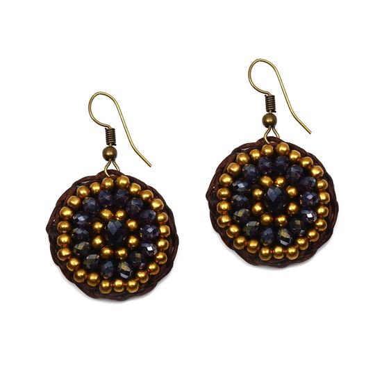 Round Crystal and Golden Beads Wax Cord Drop Earrings