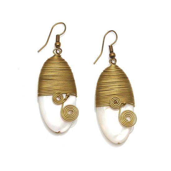 White Oval Mother Of Pearl with Gold Tone Spiral Drop Earrings