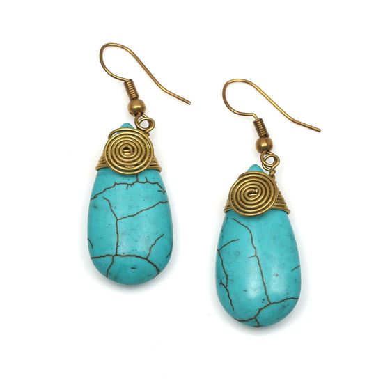 Turquoise Teardrop With Gold Tone Spiral Drop Earrings