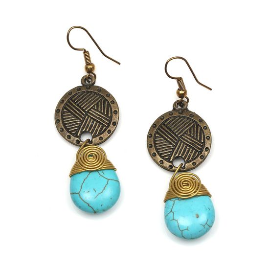 Turquoise Teardrop With Gold Tone Spiral and Vintage Disc Drop Earrings