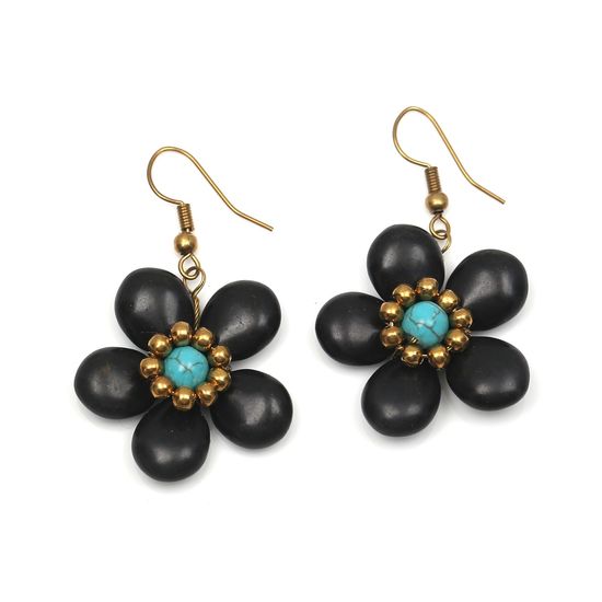 Turquoise Bead with Black Stone Flower Drop Earrings
