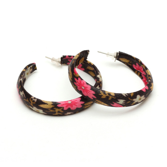 Pink floral fabric covered hoop earrings