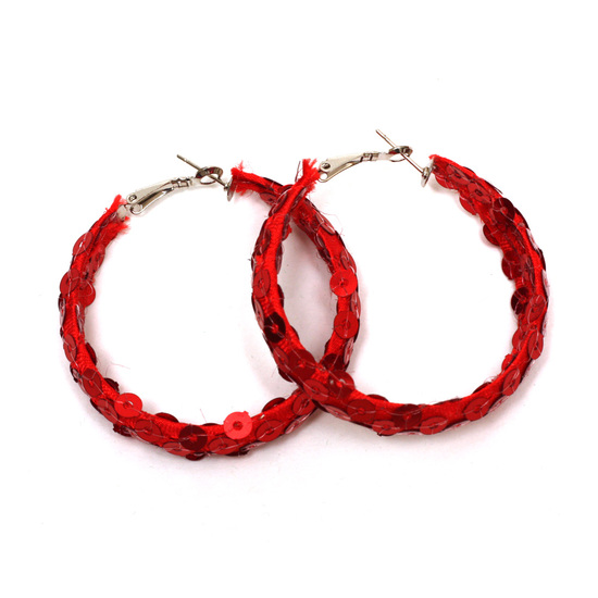 Red fabric covered hoop earrings