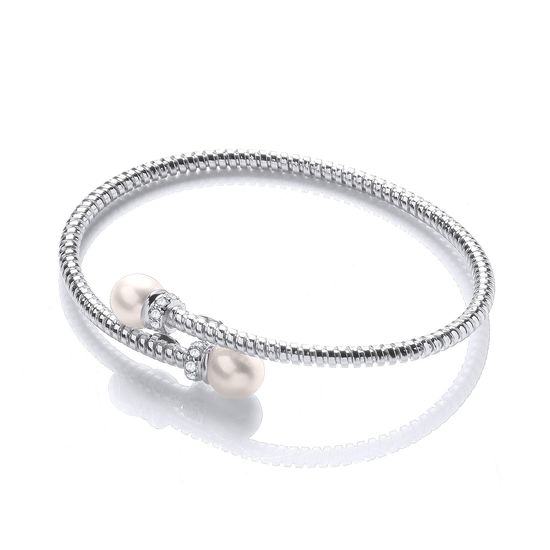 Cross Over Wire Bangle with Fresh Water Pearls and CZ's