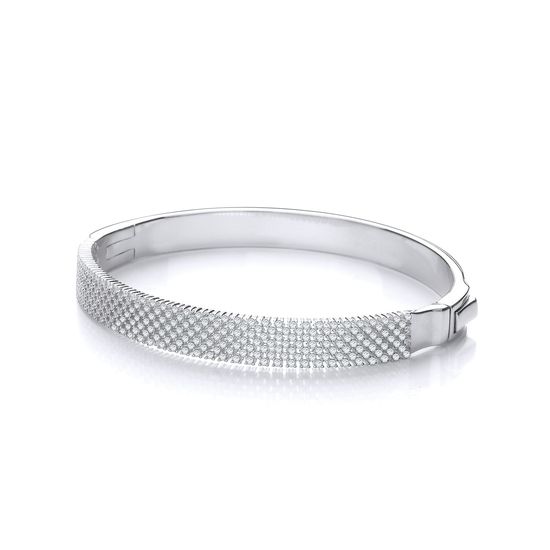 Micro Pavé Two Row CZ Cuff Silver Bangle 