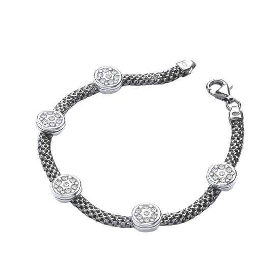 Ruthenium Mesh with Five Circles CZs 7"/19cm Bracelet