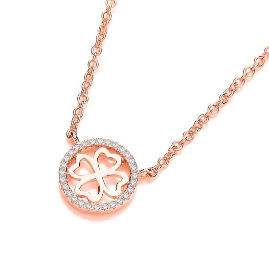 Rose Coated Silver, Four Leaf Halo CZ Clover 17" Necklace