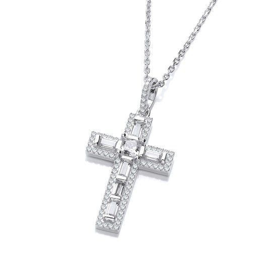 Micro Pave Round & Baguette CZs Cross with Chain
