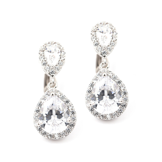 White CZ teardrop rhodium plated drop clip on earrings with gift box